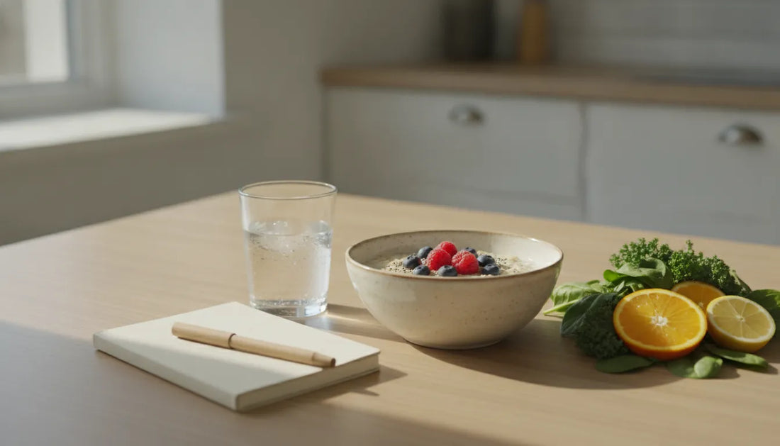 Water, oats, berries, leafy greens, and a wellness journal arranged for a gentle gut reset routine