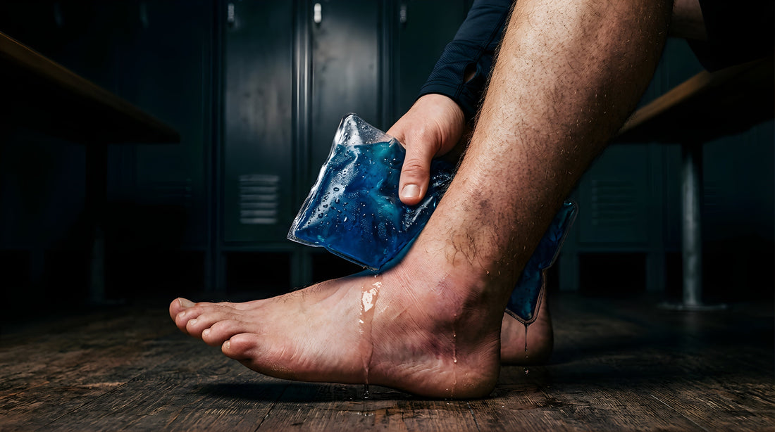man placing ice on his swollen leg.