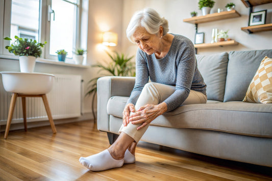 55+ woman looking at her swollen legs and ankles