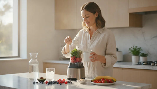 Woman preparing a collagen-inspired smoothie in a bright kitchen