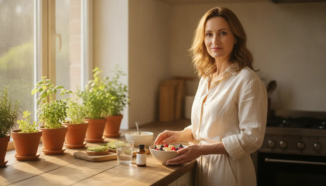 Woman preparing a calm morning wellness routine with a supplement bottle