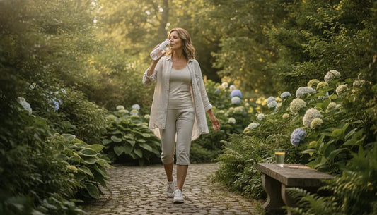 Woman walking and drinking water in a garden wellness routine