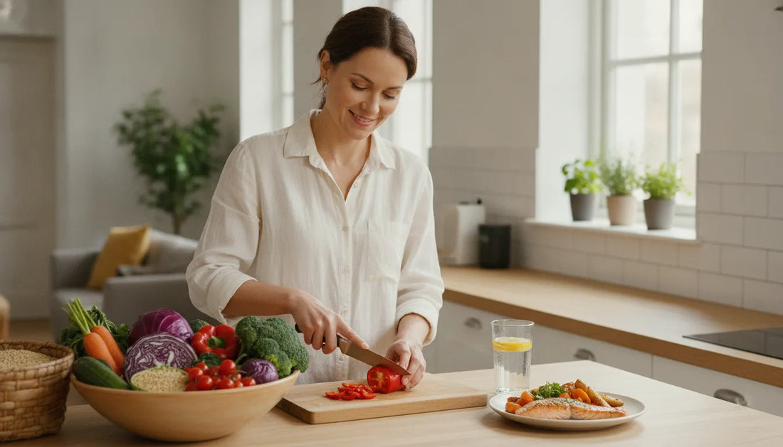 Woman preparing a balanced meal with vegetables, whole grains, salmon, and water for a realistic detox diet