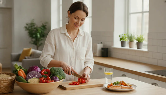 Woman preparing a balanced meal with vegetables, whole grains, salmon, and water for a realistic detox diet