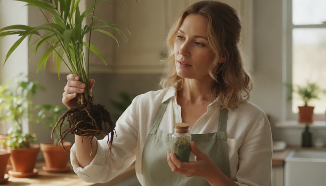 Woman examining a leafy botanical plant in a bright kitchen while learning about forskolin