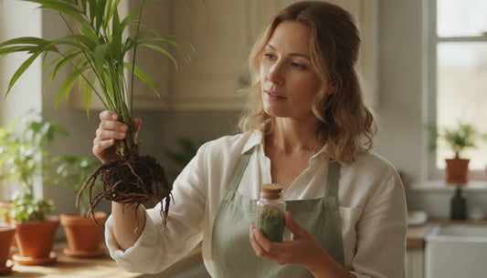 Woman examining a leafy botanical plant in a bright kitchen while learning about forskolin