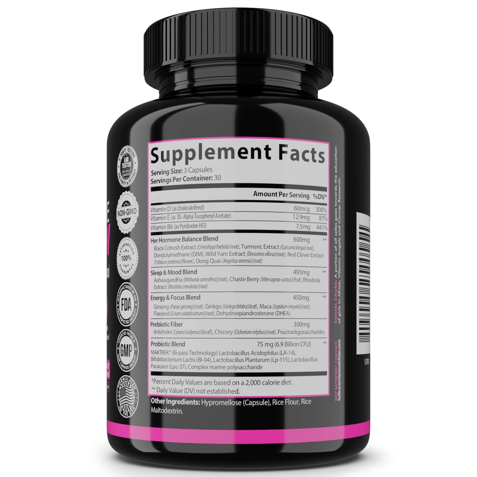 Complete Menoflow menopause relief supplement with Black Cohosh, Wild Yam, DIM, Vitamin B6, Vitamin E, Vitamin D, Prebiotics, Probiotics and DHEA.